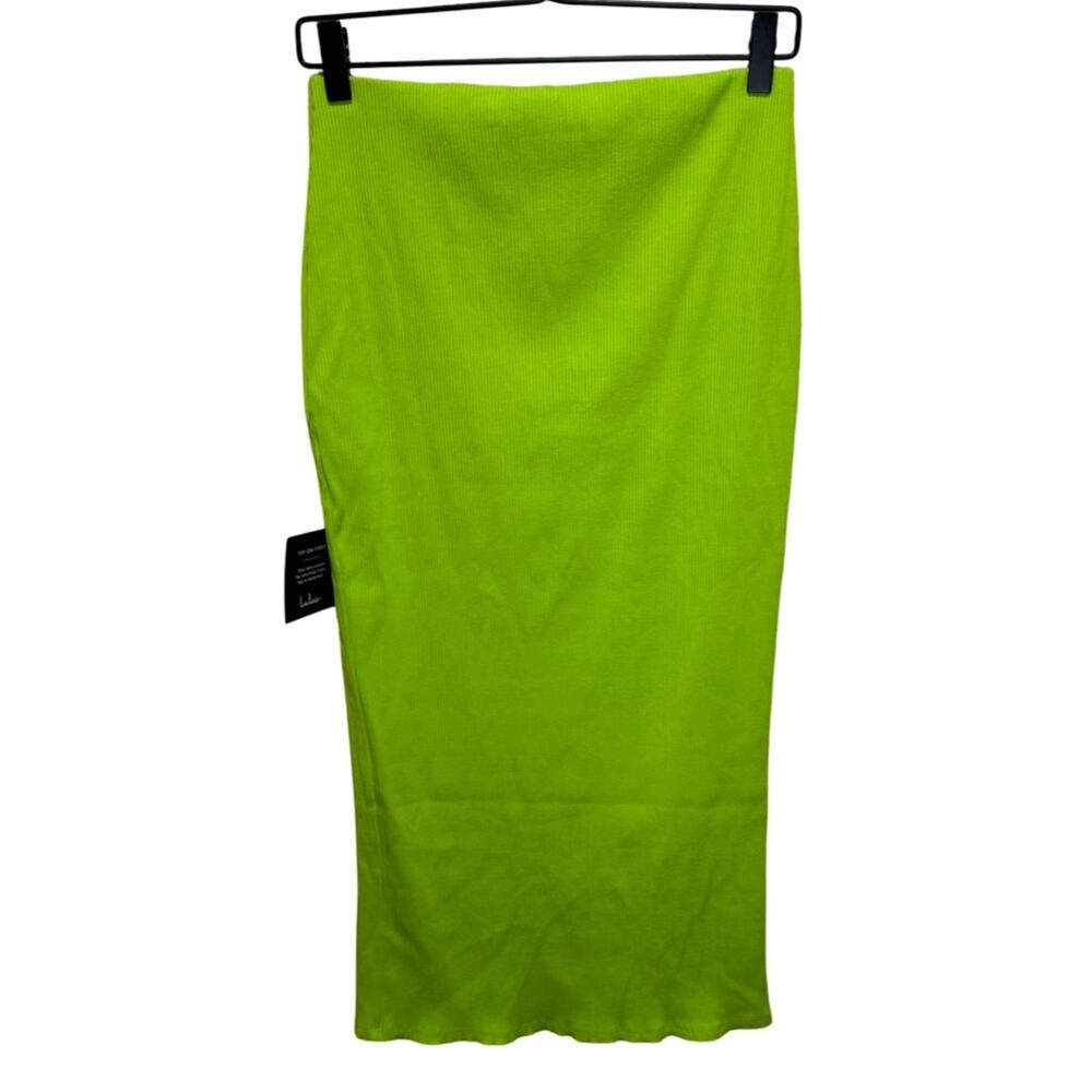 Lulus Lime Green Ribbed Midi Skirt NWT Size Large High Slit Bodycon - Picture 6 of 7
